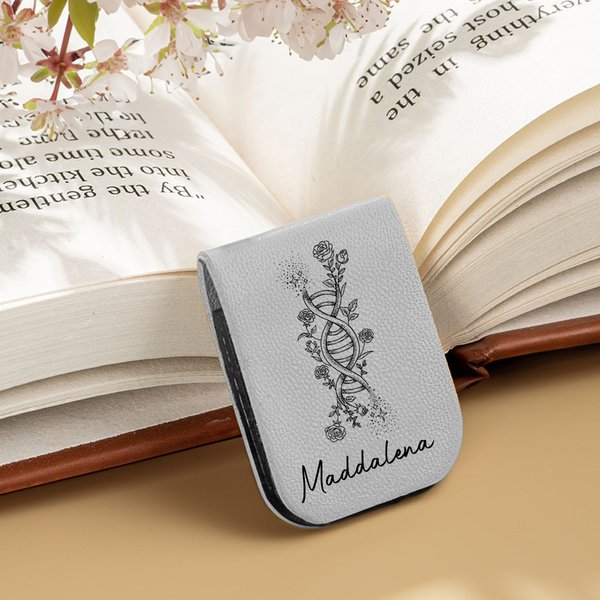 Segnalibro magnetico in pelle personalizzato con nome e fiore di nascita linea DNA regalo per amanti dei libri
