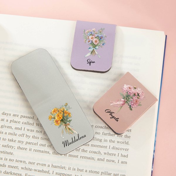 Segnalibro magnetico in pelle PU personalizzato con bouquet di fiori di nascita e nome regalo per lettori