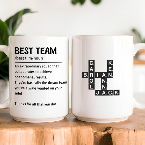 Personalized Best Team Crossword Game 11 oz 15 oz Ceramic Mug with Names Birthday Gift for Family Friends