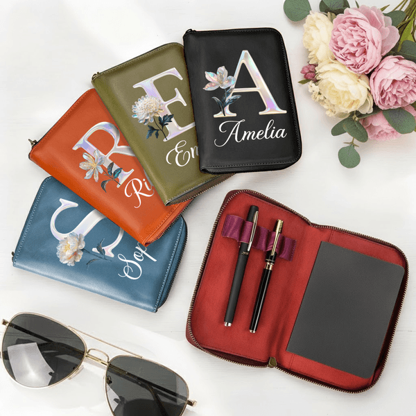 Personalized Mother-of-Pearl Effect Birth Flower PU Leather Notebook Organizer with Name and Notebook Birthday Gift for Women