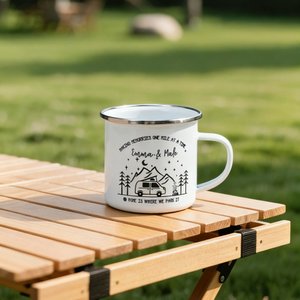 Personalized Home Is Where We Park It Campfire Mountain Forest Design 12 oz Enamel Mug with Name Anniversary Birthday Gift for Couple