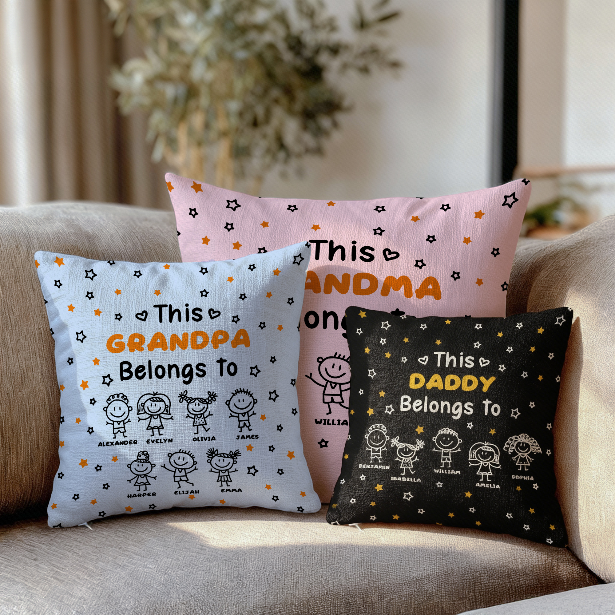 Taie d'oreiller personnalisée Line-Art Kids' Characters Multicolor Soft avec titre et 1-10 noms Décoration de la maison Cadeau d'anniversaire pour la famille