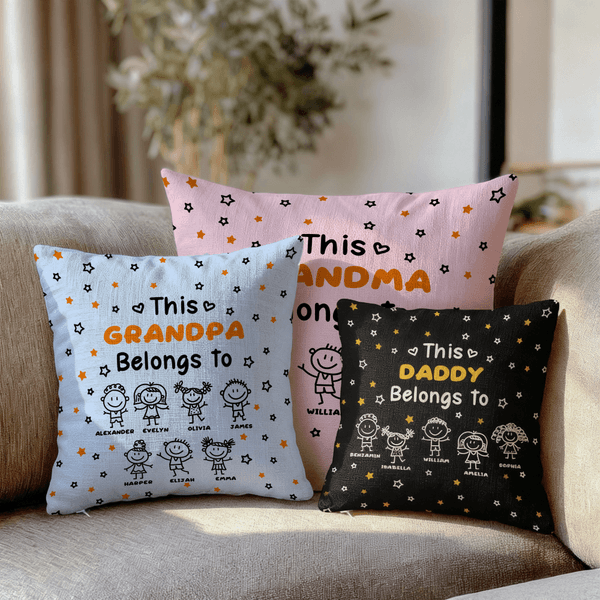 Gepersonaliseerd Line-Art Kinderfiguren Multicolor Zacht Kussenovertrek met Titel en 1-10 Namen Home Decor Verjaardagscadeau voor Familie