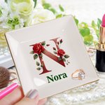 Personalized Rose Initial Ceramic Trinket Jewelry Dish with Name Home Decor Birthday Valentine's Day Gift for Wife Girlfriend