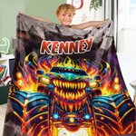 Personalized Monster Neon Truck Soft Throw Blanket with Name Home Decor Birthday Gift for Boys Truck Lovers