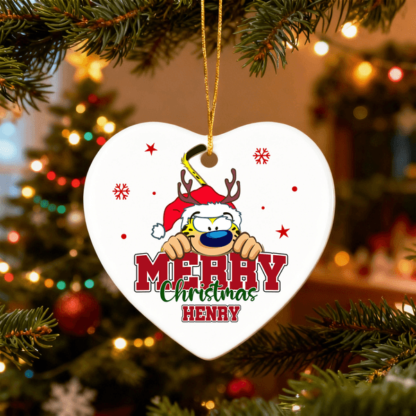 Personalized Santa Hat Cute Marsupilami Heart Shape Ceramic Christmas Ornament with Name Christmas Gift for Kids Family | Callie × Marsupilami®