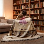 Personalised Cartoon Reading Character Retro Tassel Soft Throw Blanket with Name Home Decor Reading Birthday Gift for Book Lovers Bookworms