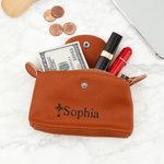 Personalized Cross Portable PU Leather Coin Wallet Cash Pouch with Text and Key Ring Bridal Shower Baptism Birthday Gift for Christians