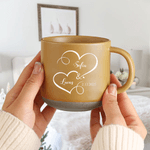 Personalized Double Hearts 12 oz Ceramic Coffee Mug with Engraved Name and Date Valentine's Day Birthday Anniversary Gift for Couples