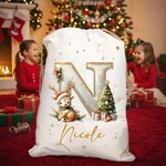 Sacco di Babbo Natale personalizzata in tela con iniziale e alce in stile cartone animato regalo di Natale per amici e famiglia