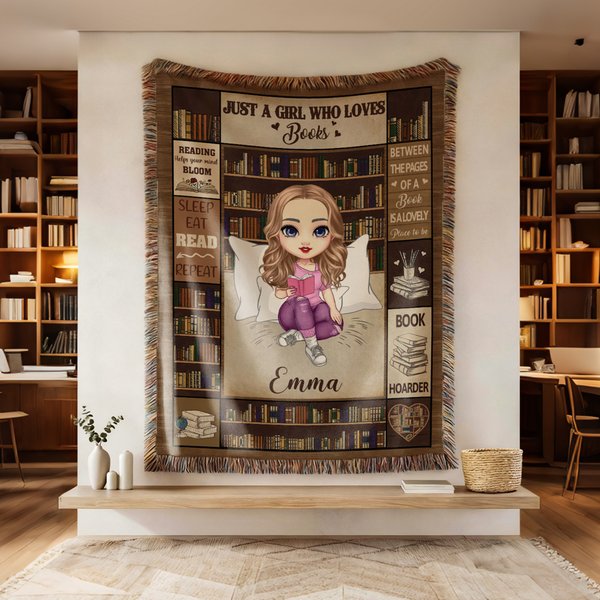 Personalized Cartoon Reading Character Retro Tassel Soft Throw Blanket with Name Home Decor Reading Birthday Gift for Book Lovers Bookworms