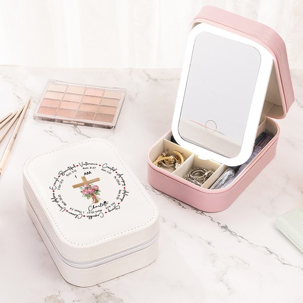 Personalized Watercolour Birth Flower Cross Bible Verse PU Leather Jewellery Box with LED Three-Colour Adjustable Mirror and Name Birthday Gift for Women