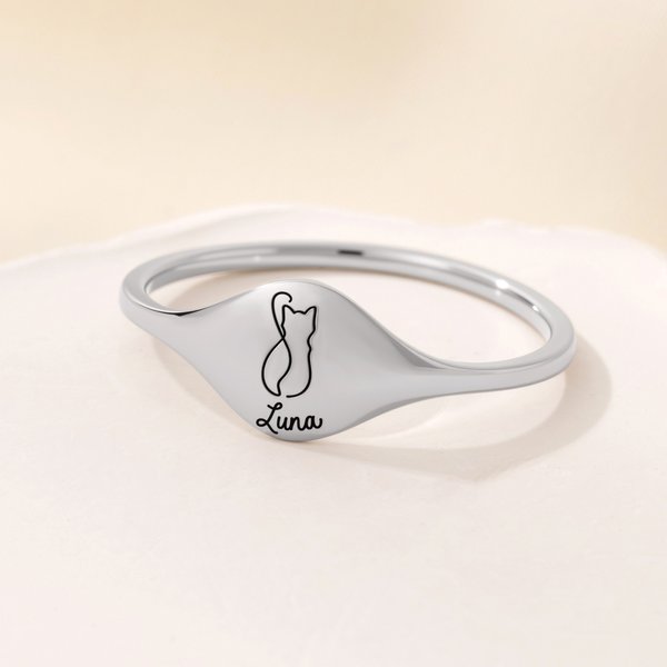 Bague personnalisée en forme de silhouette de chat gravée avec nom Bijoux délicats Anniversaire Anniversaire Cadeau commémoratif pour l'amour des chats