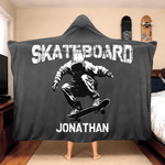 Personalized Skateboard Action Silhouette Soft Hooded Blanket with Name Travel Daily Use Birthday Gift for Skateboarding Lovers Friends