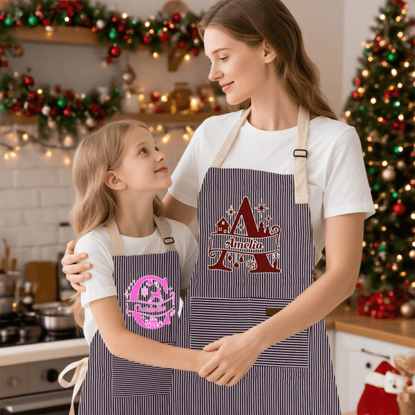 Personalized Christmas Initial Kid Adult Baking Apron with Name and Front Pocket Christmas Gift for Kids Family