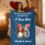Couverture personnalisée I Love You Penguin Heart Soft Throw Blanket avec nom et texte Home Decor Valentine's Day Anniversary Gift for Lover (Cadeau d'anniversaire de la Saint-Valentin pour l'amoureux