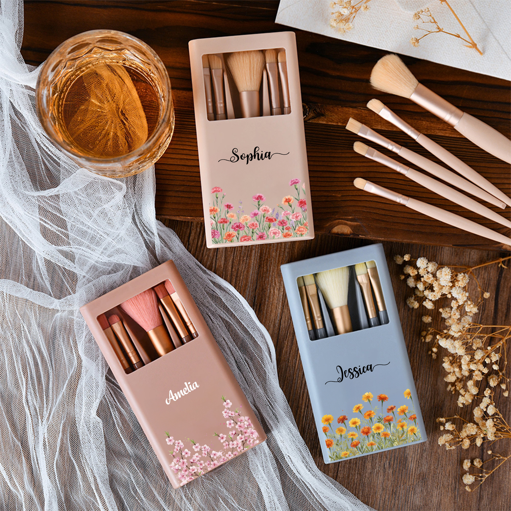 Set de 5 pinceaux de maquillage avec boîte de rangement et miroir Cadeau d'anniversaire pour femmes filles