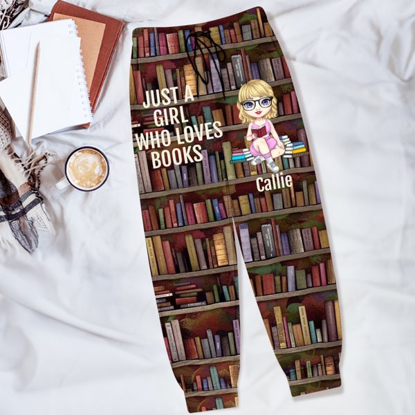 Personalized Cartoon Reading Character Library Book Design Sports Sweatpants with Name and Quote Birthday Anniversary Gift for Readers Bookworms