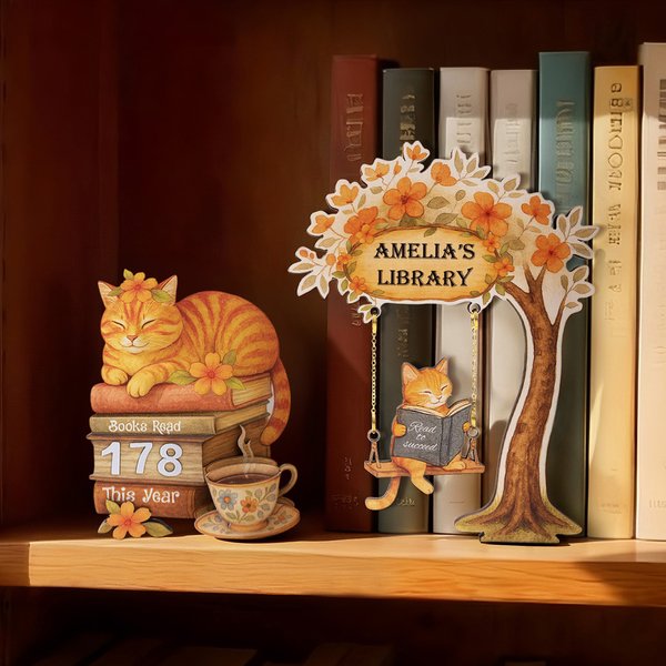 Personalized Reading Cat Swing Wooden Library Sign Book Read Tracker Set with Name and Text Bookshelf Decor Birthday Gift for Readers Book Lovers