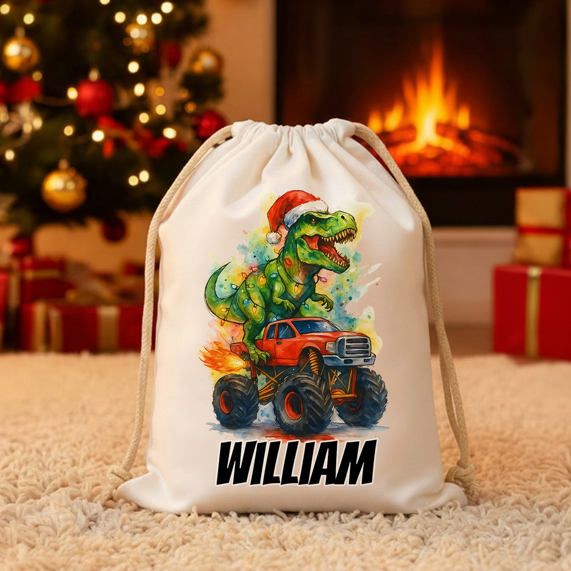Sac à dos en toile avec nom pour le bonnet du Père Noël, le camion de dinosaures, les cadeaux de Noël pour les enfants, les étudiants, etc.