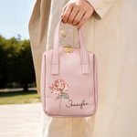 Personalised Birth Flower Name Portable PU Leather Makeup Bag with Handle and Multiple Compartments Travel Accessories Birthday Gift for Women Girls