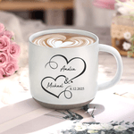Personalized Double Hearts 12 oz Ceramic Coffee Mug with Engraved Name and Date Valentine's Day Birthday Anniversary Gift for Couples