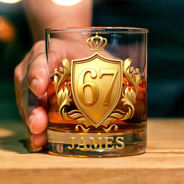 Personalized Golden 3D Badge Funny 67 Design 10 oz Rock Whiskey Glass with Name Old Fashioned Birthday Gift for Man Bartender Whiskey Enthusiast