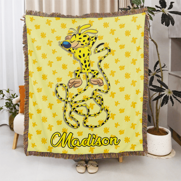 Coperta personalizzata a coda lunga di leopardo Marsupilami con nome, regalo di Natale e compleanno per figlio, figlia e bambino.