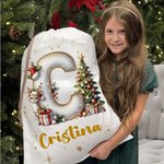 Sacco di Babbo Natale personalizzata in tela con iniziale e alce in stile cartone animato regalo di Natale per amici e famiglia