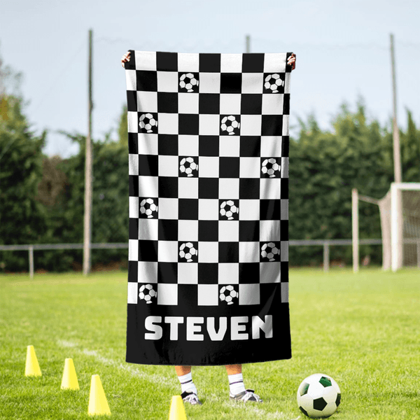 Personalised Balls Pattern Checkerboard Quick Dry Beach Towel with Name Travel Essential Birthday Gift for Famliy Friend Balls Sport Lover