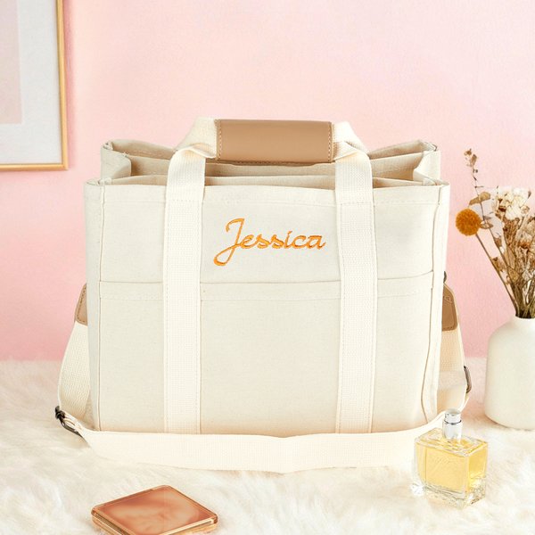 Personalised Embroidered Name Multi-Pocket Canvas Tote Bag with Shoulder Strap Daily Use Birthday Gift for Women