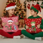Personalized Santa-Hatted Cartoon Kid Throw Pillow Cover with Name Home Decor Christmas Gift for Family Friends