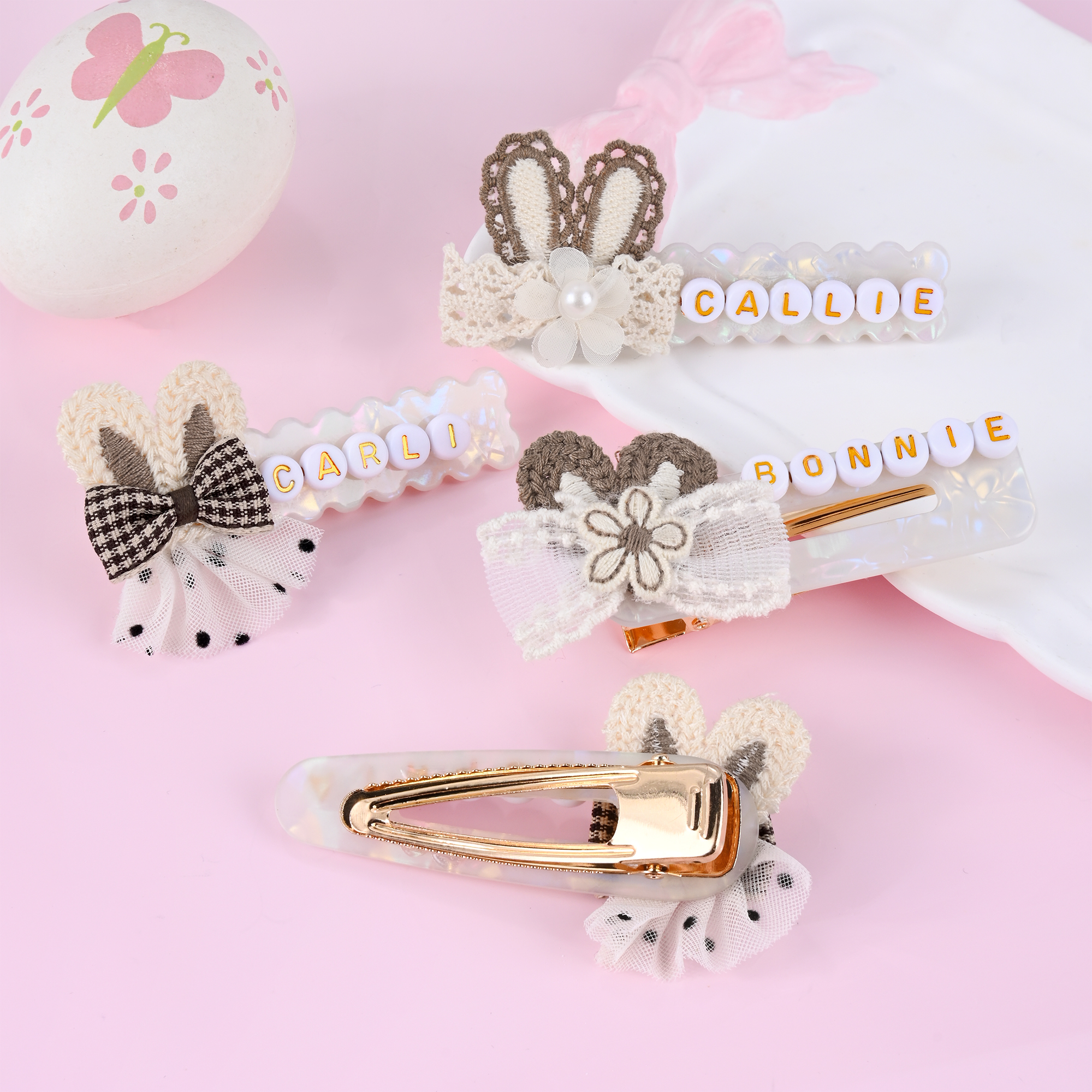 Barrette à cheveux personnalisée pour lapin de Pâques avec nom Accessoire de vacances pour Pâques Cadeau d'anniversaire pour petites filles enfants
