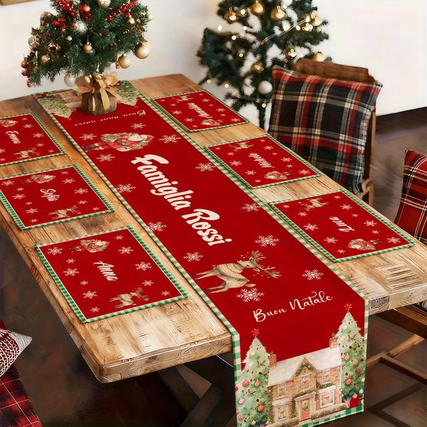 Runner da tavolo e tovagliette in stile natalizio personalizzati con nome di famiglia regalo di Natale per amici o familiari