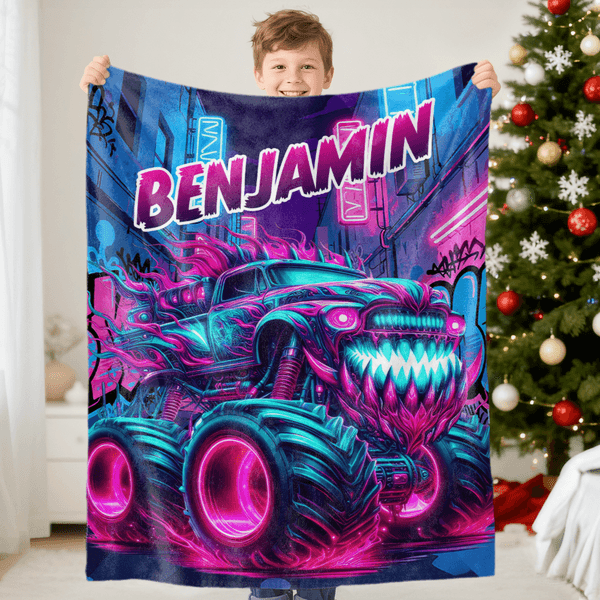 Personalized Monster Neon Truck Soft Throw Blanket with Name Home Decor Birthday Gift for Boys Truck Lovers