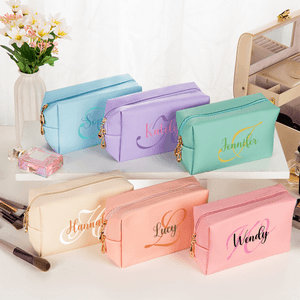 Personalized Initial PU Leather Cosmetic Bag with Name Daily Travel Birthday Anniversary Gift for Women