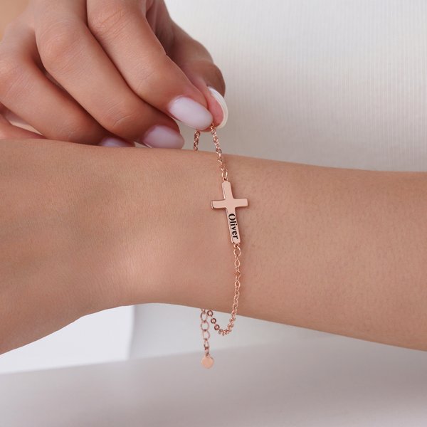Personalized Minimalist Cross Name Bracelet Dainty Jewelry Christening Anniversary Birthday Gift for Women