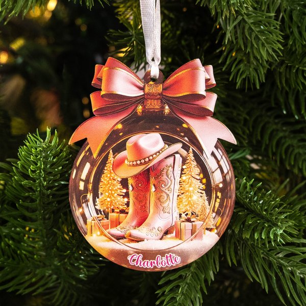 Personalised Pink Western Cowgirl Boots Ribbon Acrylic Ornament with Name Holiday Tree Decor Gift for Cowgirl Friend