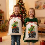 Personalised Santa Hat Dinosaur Lorry Canvas Drawstring Gift Bag with Name Christmas Party Favors for Kids Students