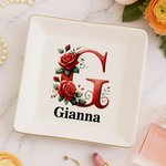 Personalized Rose Initial Ceramic Trinket Jewelry Dish with Name Home Decor Birthday Valentine's Day Gift for Wife Girlfriend