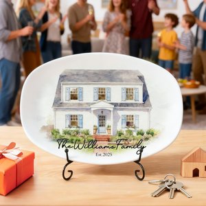 Personalized Watercolour House Photo Decorative Plate with Stand and Text Housewarming Christmas Gift for Family Friends