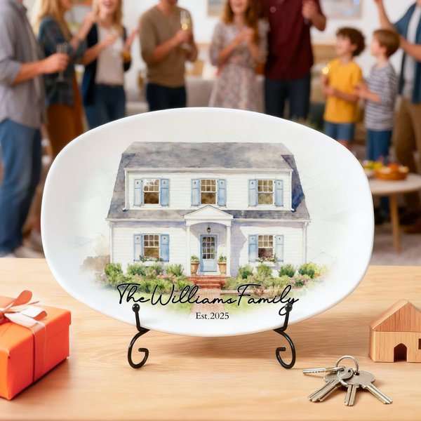 Assiette Décorative Photo Maison Aquarelle Personnalisée avec Support et Texte Pendaison de Crémaillère Cadeau de Noël pour la Famille et les Amis
