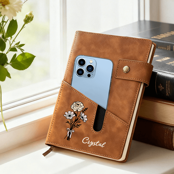Personalized Birth Flower Name PU Leather A5 Notebook with Storage Pocket and Lined Pages Daily Essentials Birthday Gift for Friend Family