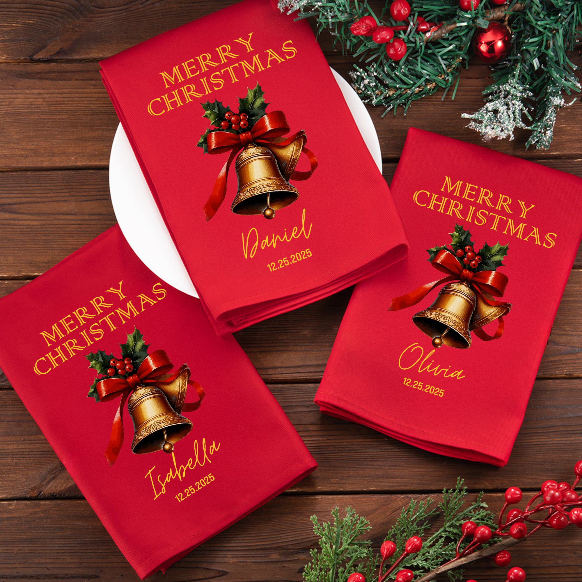 Serviette de table de Noël rouge personnalisée avec nom et date Cadeau de Noël pour la famille et les amis