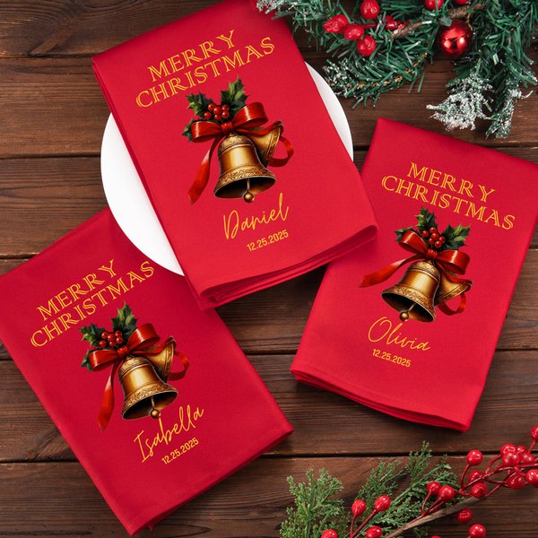 Personalizzato Merry Christmas Bell 100% cotone rosso Tovagliolo di Natale con nome e data Decorazione da tavolo Regalo di Natale per amici e famiglia