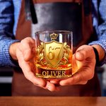 Personalized Golden 3D Badge Funny 67 Design 10 oz Rock Whiskey Glass with Name Old Fashioned Birthday Gift for Man Bartender Whiskey Enthusiast