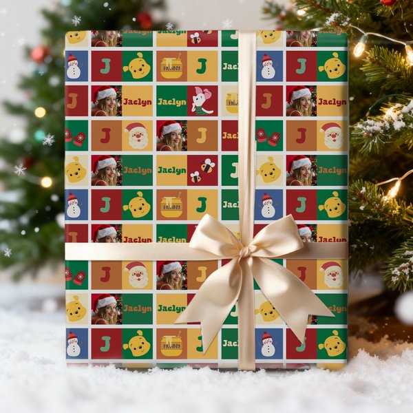Personalized Colored Squares Classic Winnie the Pooh Wrapping Paper with Photo and Name Christmas Favor Packing for Kids Family Friends