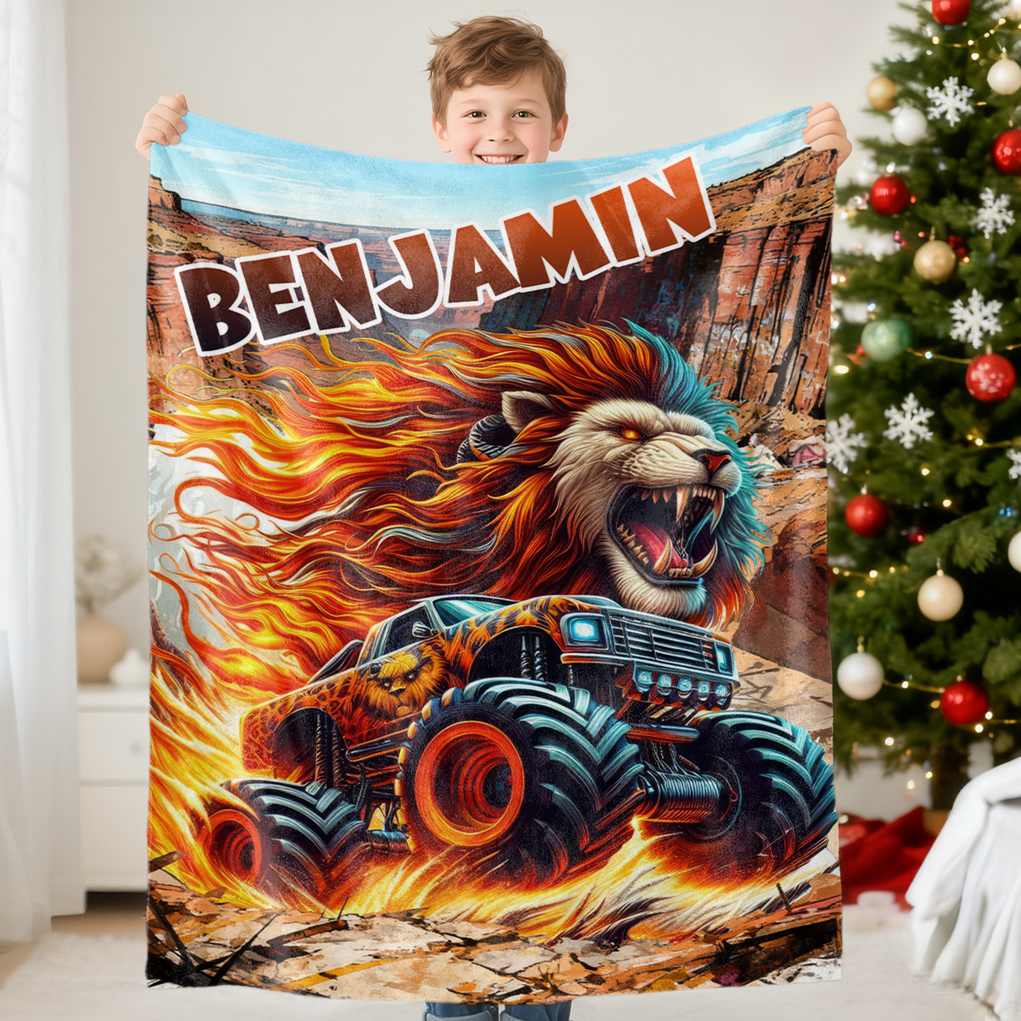 Personnalisé Monster Cheetah Lion Dinosaur Truck Soft Throw Blanket with Name Birthday Gift for Boys Kids Babies Truck Lovers (Cadeau d'anniversaire pour les garçons, les enfants, les bébés et les amo