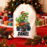 Personalised Santa Hat Dinosaur Lorry Canvas Drawstring Gift Bag with Name Christmas Party Favors for Kids Students