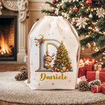 Sacco di Babbo Natale personalizzata in tela con iniziale e alce in stile cartone animato regalo di Natale per amici e famiglia